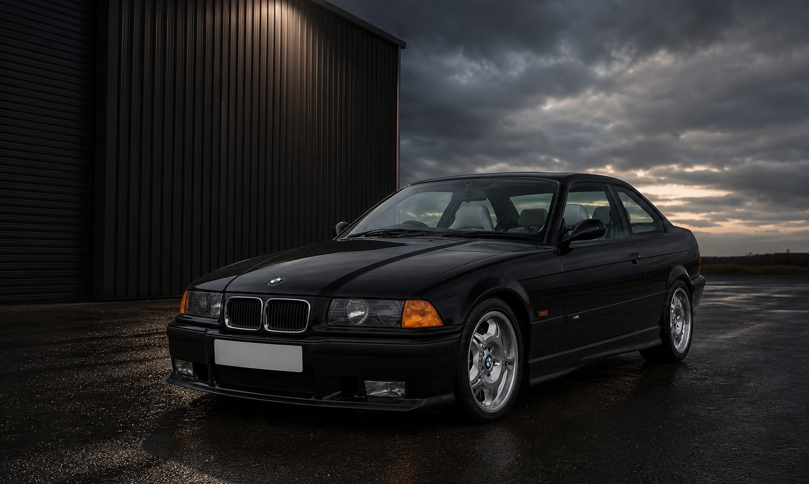 Black BMW E36 M3 beside a dark warehouse under storm clouds
